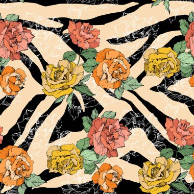 Botanik çiçekli Vektör Egzotik Zebra baskısı. Siyah beyaz işlemeli mürekkep sanatı. Kusursuz arkaplan deseni.