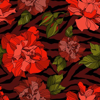 Botanik çiçekli Vektör Egzotik Zebra baskısı. Siyah beyaz işlemeli mürekkep sanatı. Kusursuz arkaplan deseni.