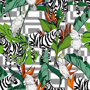 Vector Exotic zebra print wild animal isolated. Black and white engraved ink art. Seamless background pattern. clipart