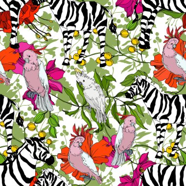 Vektör egzotik zebra izi izole edilmiş vahşi bir hayvan. Siyah beyaz işlemeli mürekkep sanatı. Kusursuz arkaplan deseni.
