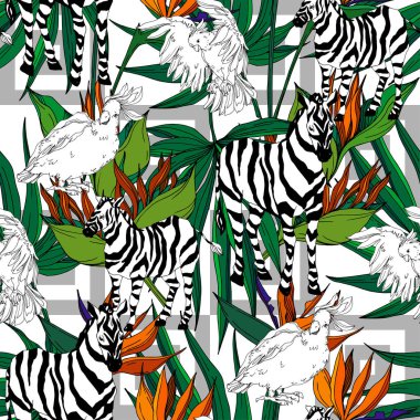 Vector Exotic zebra print wild animal isolated. Black and white engraved ink art. Seamless background pattern. clipart