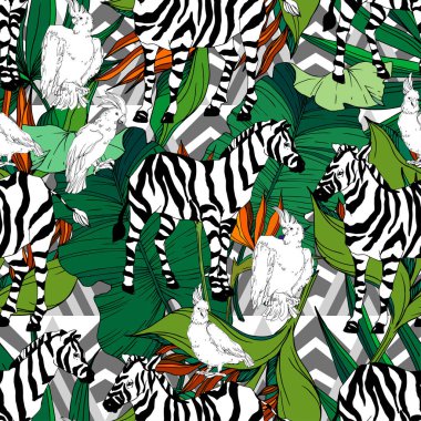 Vector Exotic zebra print wild animal isolated. Black and white engraved ink art. Seamless background pattern. clipart