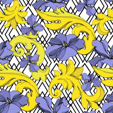 Vektör Altın Monogram Çiçek Süsü. Siyah beyaz işlemeli mürekkep sanatı. Kusursuz arkaplan deseni.