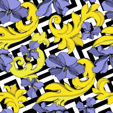 Vektör Altın Monogram Çiçek Süsü. Siyah beyaz işlemeli mürekkep sanatı. Kusursuz arkaplan deseni.