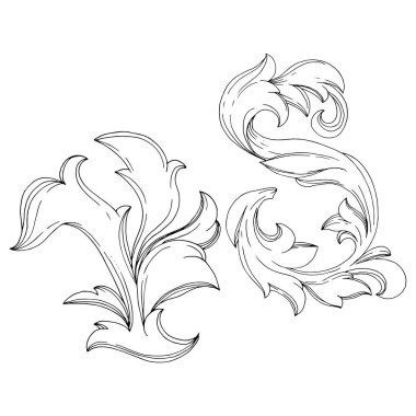 Vektör Altın Monogram Çiçek Süsü. Siyah beyaz işlemeli mürekkep sanatı. İzole edilmiş monogram çizim ögesi.