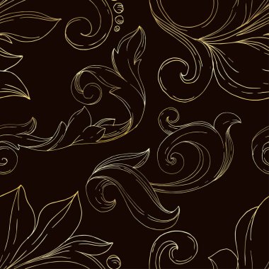 Vektör Altın Monogram Çiçek Süsü. Siyah beyaz işlemeli mürekkep sanatı. Kusursuz arkaplan deseni.