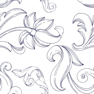 Vektör Altın Monogram Çiçek Süsü. Siyah beyaz işlemeli mürekkep sanatı. Kusursuz arkaplan deseni.