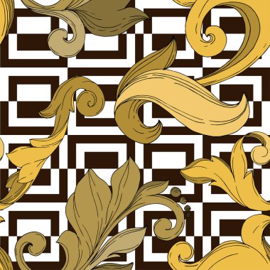 Vektör Altın Monogram Çiçek Süsü. Siyah beyaz işlemeli mürekkep sanatı. Kusursuz arkaplan deseni.