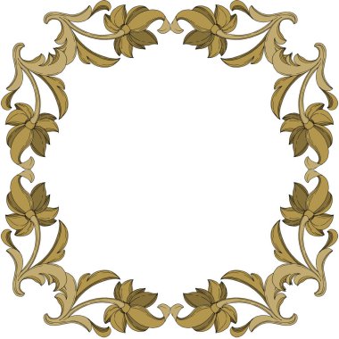 Vektör Altın Monogram Çiçek Süsü. Siyah beyaz işlemeli mürekkep sanatı. Çerçeve kenar süsü kare.