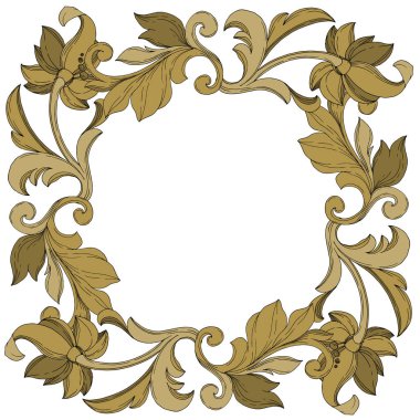 Vektör Altın Monogram Çiçek Süsü. Siyah beyaz işlemeli mürekkep sanatı. Çerçeve kenar süsü kare.