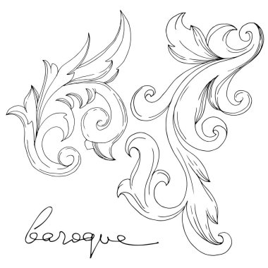 Vektör Barok Monogram çiçek süsü. Siyah beyaz işlemeli mürekkep sanatı. Ayrı bir süs çizimi ögesi.