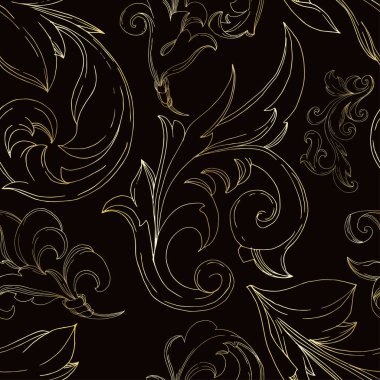 Vektör Altın Monogram Çiçek Süsü. Siyah beyaz işlemeli mürekkep sanatı. Kusursuz arkaplan deseni.