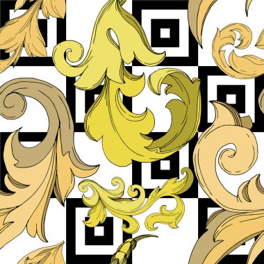 Vektör Altın Monogram Çiçek Süsü. Siyah beyaz işlemeli mürekkep sanatı. Kusursuz arkaplan deseni.