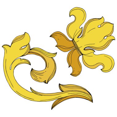 Vektör Altın Monogram Çiçek Süsü. Siyah beyaz işlemeli mürekkep sanatı. İzole edilmiş monogram illüstrasyon ögesi.