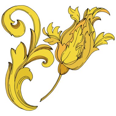 Vektör Altın Monogram Çiçek Süsü. Siyah beyaz işlemeli mürekkep sanatı. İzole edilmiş monogram illüstrasyon ögesi.
