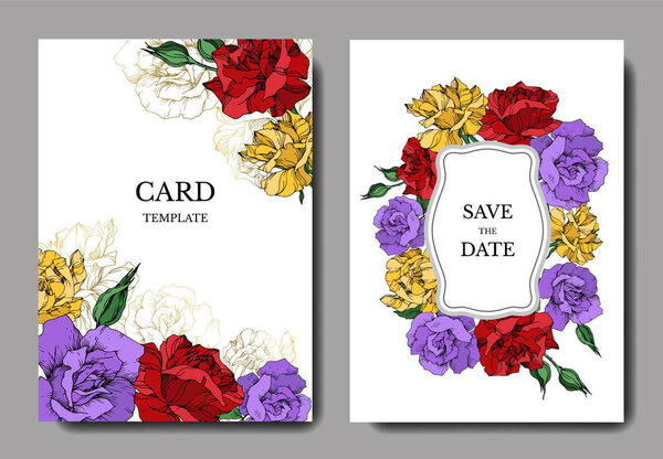 Vector rose floral botanical flowers. Black and white engraved ink art. Wedding background card decorative border.