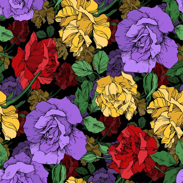 Vector roos bloemen botanische bloemen. Zwart-wit gegraveerde inktkunst. Naadloze achtergrond patroon. — Stockvector