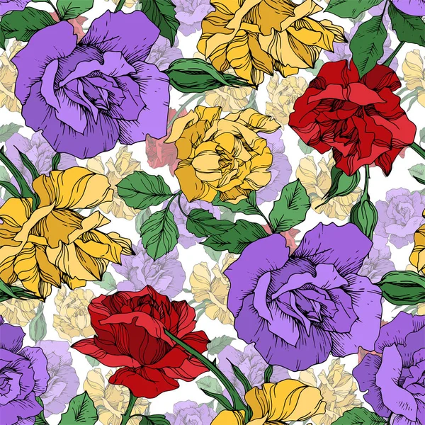 Vector roos bloemen botanische bloemen. Zwart-wit gegraveerde inktkunst. Naadloze achtergrond patroon. — Stockvector