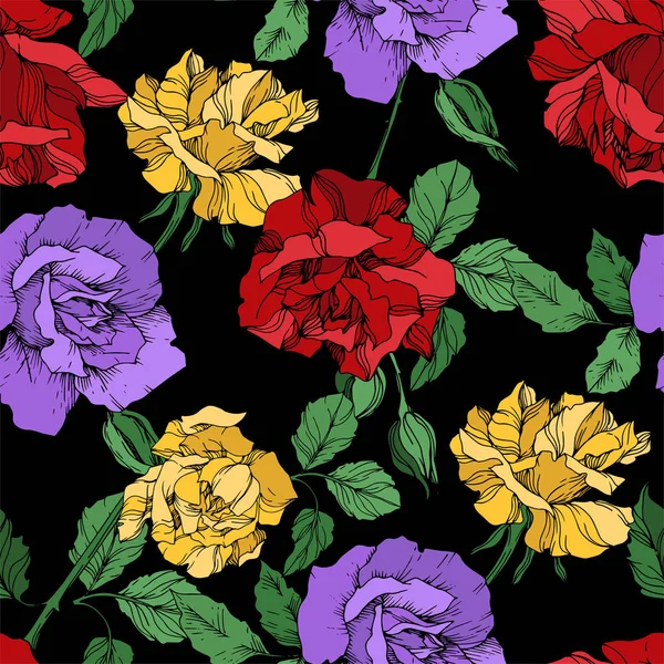 Fiori botanici floreali Vector Rose. Inchiostro inciso in bianco e nero art. Modello di sfondo senza soluzione di continuità . — Vettoriale Stock