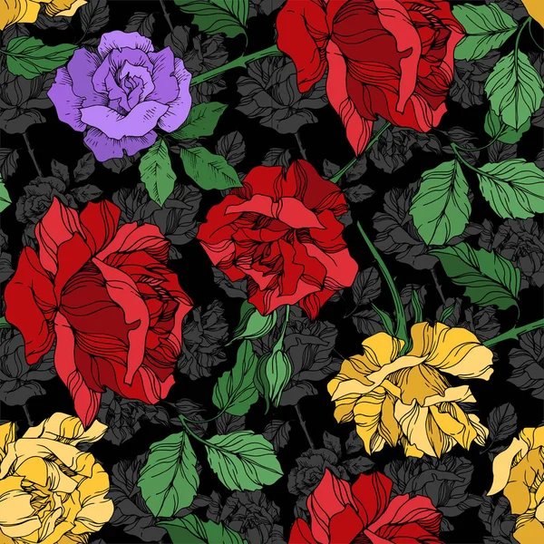 Vector rose floral botanical flowers. Black and white engraved ink art. Seamless background pattern. — Stock Vector