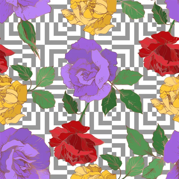 Fiori botanici floreali Vector Rose. Inchiostro inciso in bianco e nero art. Modello di sfondo senza soluzione di continuità . — Vettoriale Stock