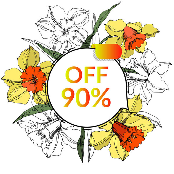 Vector Sale tags set. Engraved ink art. Isolated percent sticker illustration. Narcissus floral botanical flower.