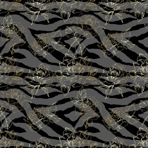 Vektor exotischen Zebra-Print mit botanischen Blumen. Schwarz-weiß gestochene Tuschekunst. nahtloses Hintergrundmuster. — Stockvektor