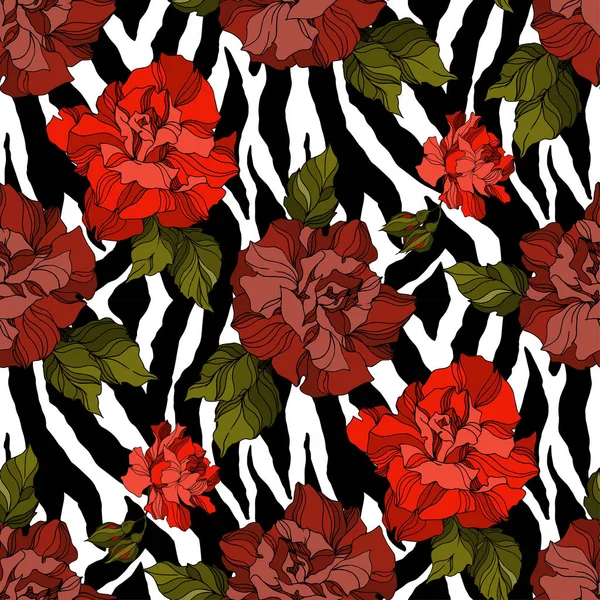 Vector Exotic Zebra print with botanical flowers. Black and white engraved ink art. Seamless background pattern. — Stock Vector