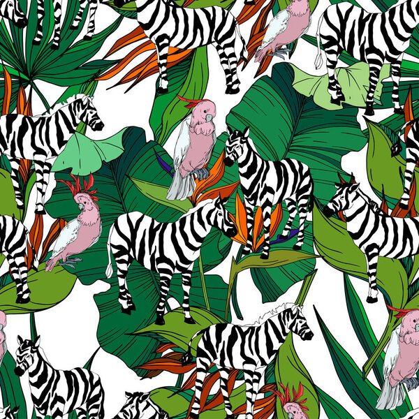 Vector Exotic zebra print wild animal isolated. Black and white engraved ink art. Seamless background pattern.