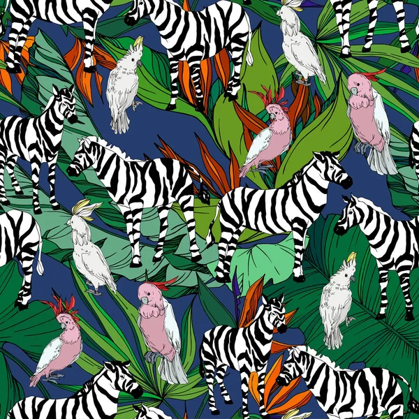 Vetor zebra exótica imprimir animal selvagem isolado. Tinta gravada a preto e branco. Padrão de fundo sem costura . — Vetor de Stock