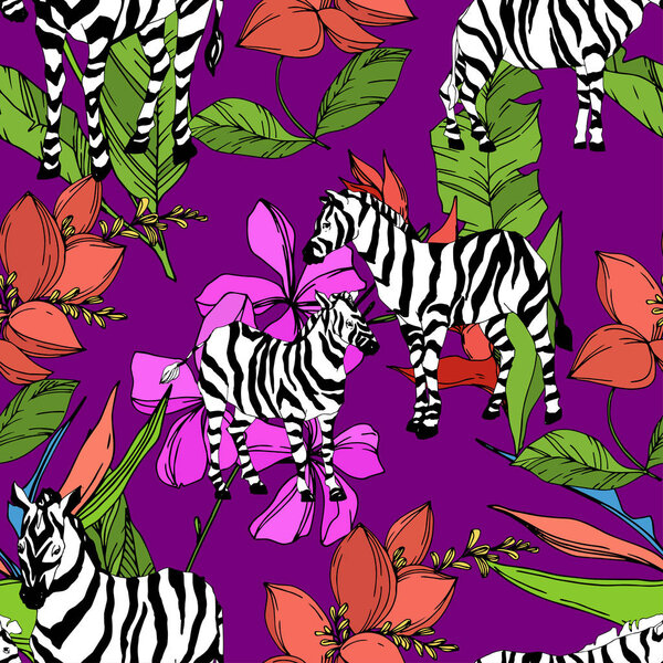 Vector Exotic zebra print wild animal isolated. Black and white engraved ink art. Seamless background pattern.