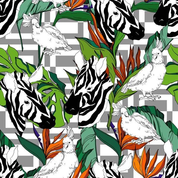 Vector Exotic zebra print wild animal isolated. Black and white engraved ink art. Seamless background pattern.