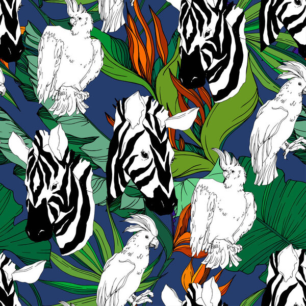 Vector Exotic zebra print wild animal isolated. Black and white engraved ink art. Seamless background pattern.