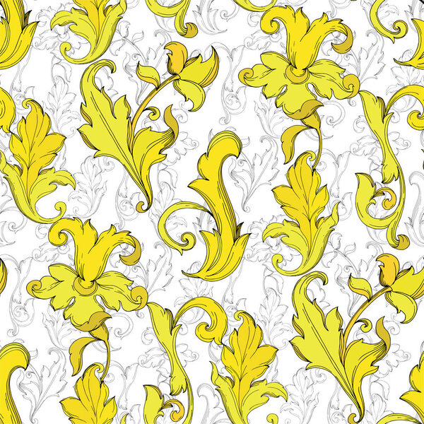 Vector Gold monogram floral ornament. Black and white engraved ink art. Seamless background pattern.