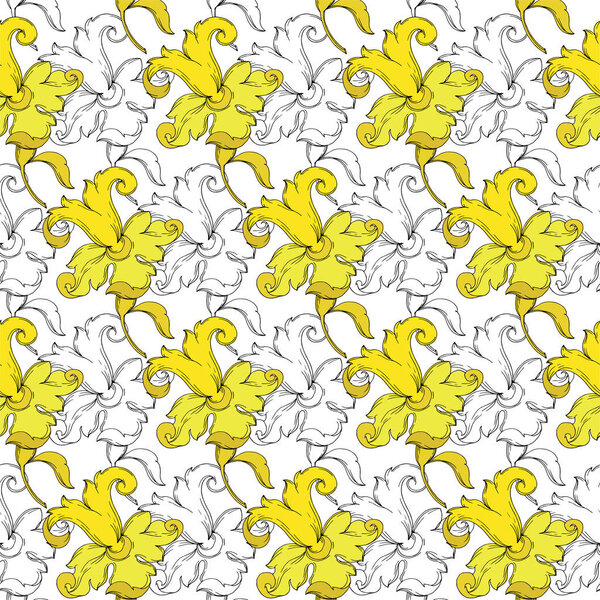 Vector Gold monogram floral ornament. Black and white engraved ink art. Seamless background pattern.