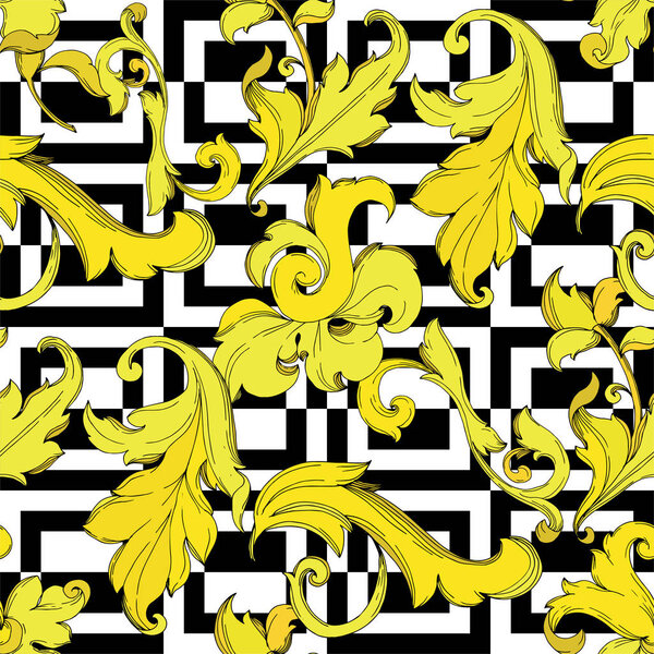 Vector Gold monogram floral ornament. Black and white engraved ink art. Seamless background pattern.