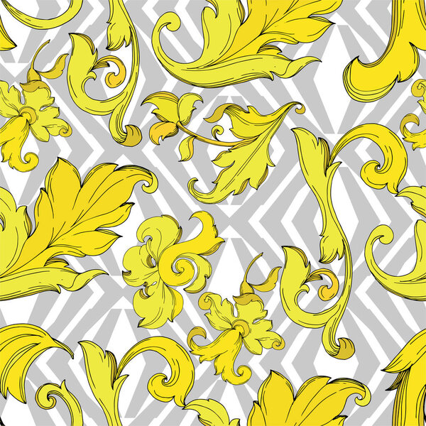 Vector Gold monogram floral ornament. Black and white engraved ink art. Seamless background pattern.