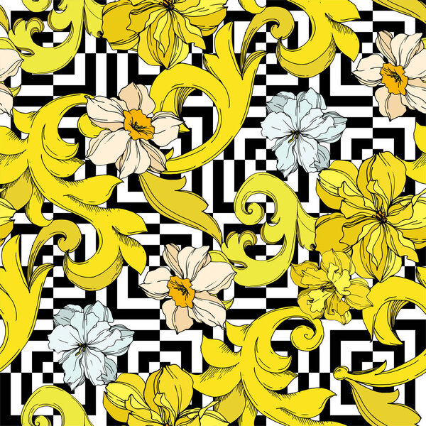 Vector Golden monogram floral ornament. Black and white engraved ink art. Seamless background pattern.