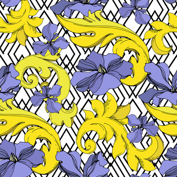 Vector Golden monogram floral ornament. Black and white engraved ink art. Seamless background pattern.