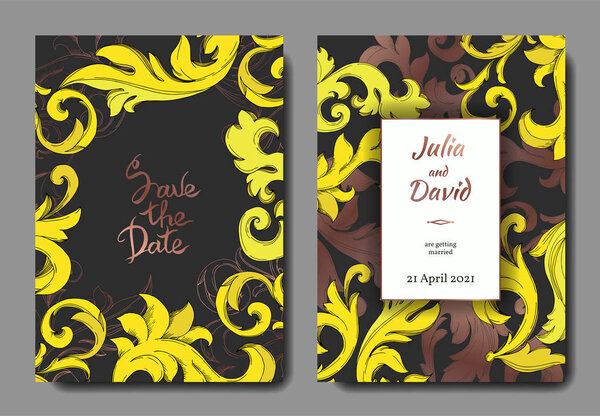 Vector Golden monogram floral ornament. Black and white engraved ink art. Wedding background card decorative border.