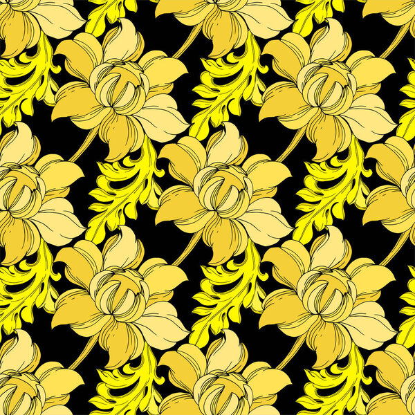 Vector Golden monogram floral ornament. Black and white engraved ink art. Seamless background pattern.