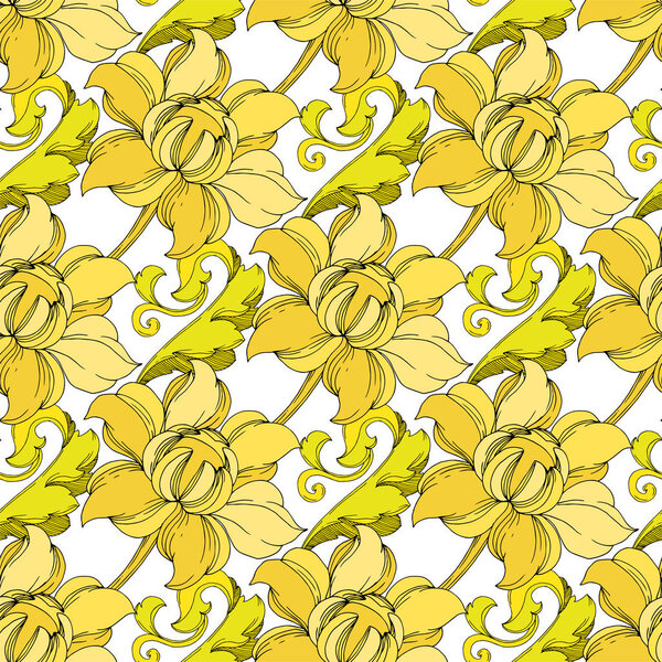 Vector Golden monogram floral ornament. Black and white engraved ink art. Seamless background pattern.