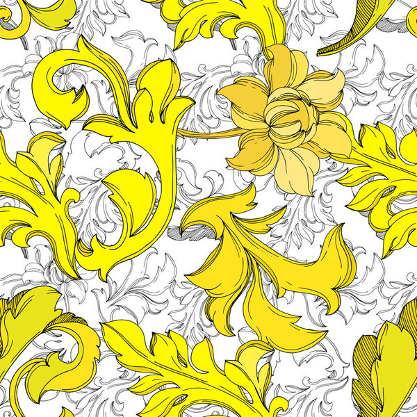 Vector Golden monogram floral ornament. Black and white engraved ink art. Seamless background pattern.