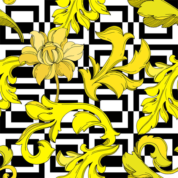 Vector Golden monogram floral ornament. Black and white engraved ink art. Seamless background pattern.