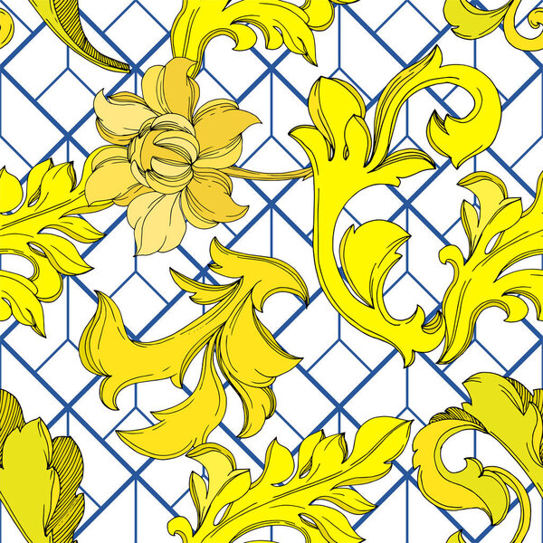 Vector Golden monogram floral ornament. Black and white engraved ink art. Seamless background pattern.