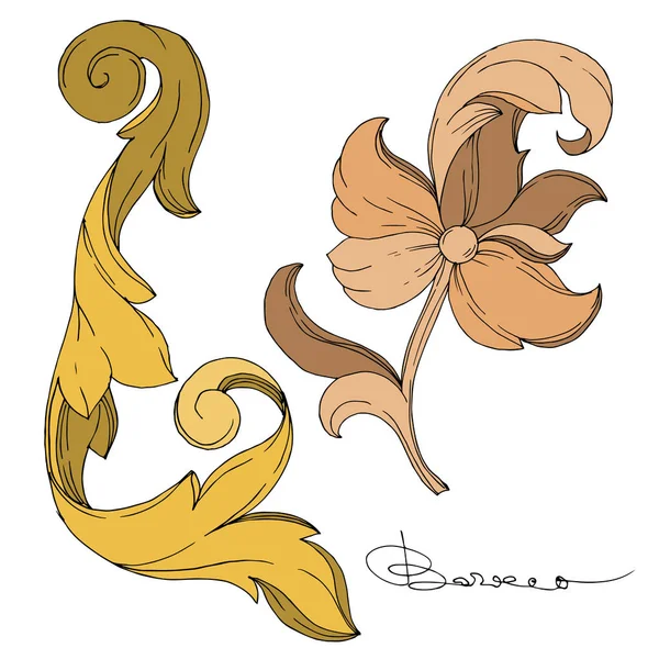 Vektori Golden monogrammi kukka koriste. Eristetty koriste kuvituselementti. Musta ja valkoinen kaiverrettu muste taidetta . — vektorikuva