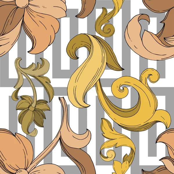 Vector Golden monogram floral ornament. Black and white engraved ink art. Seamless background pattern. — Stock Vector