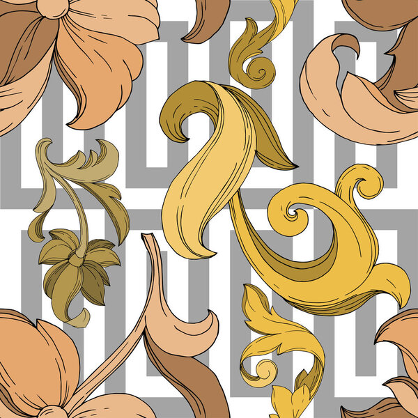 Vector Golden monogram floral ornament. Black and white engraved ink art. Seamless background pattern.