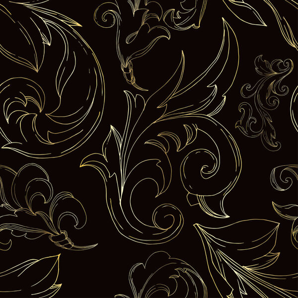 Vector Golden monogram floral ornament. Black and white engraved ink art. Seamless background pattern.