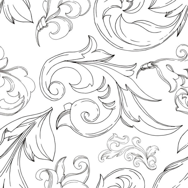 Vector Baroque monogram floral ornament. Black and white engraved ink art. Seamless background pattern.